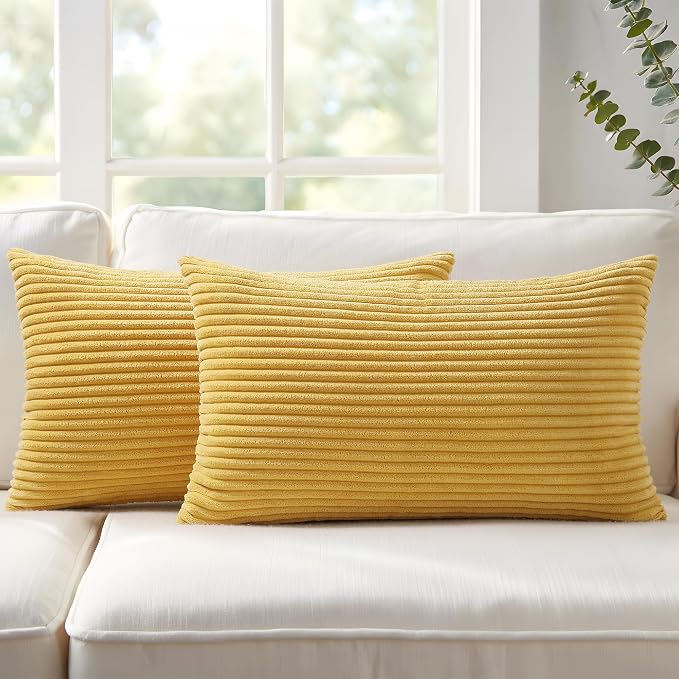 Mecatny Corduroy Fall Throw Pillow Covers 12x20 Set of 2 Mustard Yellow | Soft Striped Texture, Hidden Zipper Design, Neutral Boho Lumbar Pillow Cases for Sofa Couch Living Room Bedroom, Home Décor