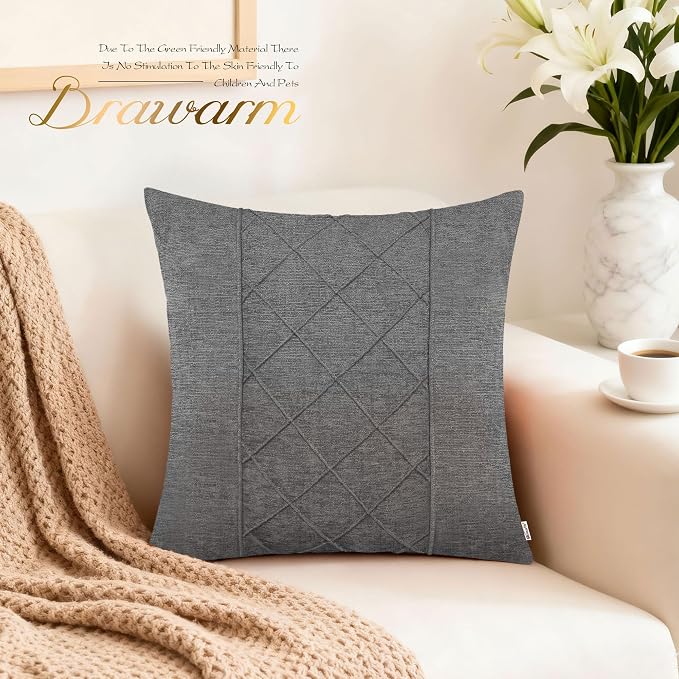 BRAWARM Chenille Throw Pillow Covers 22x22 Inches, Gray, 2 Pack | Decorative Pleated Pillow Covers, Soft Cushion Cases for Sofa Bed Living Room Home Farmhouse (No Insert)