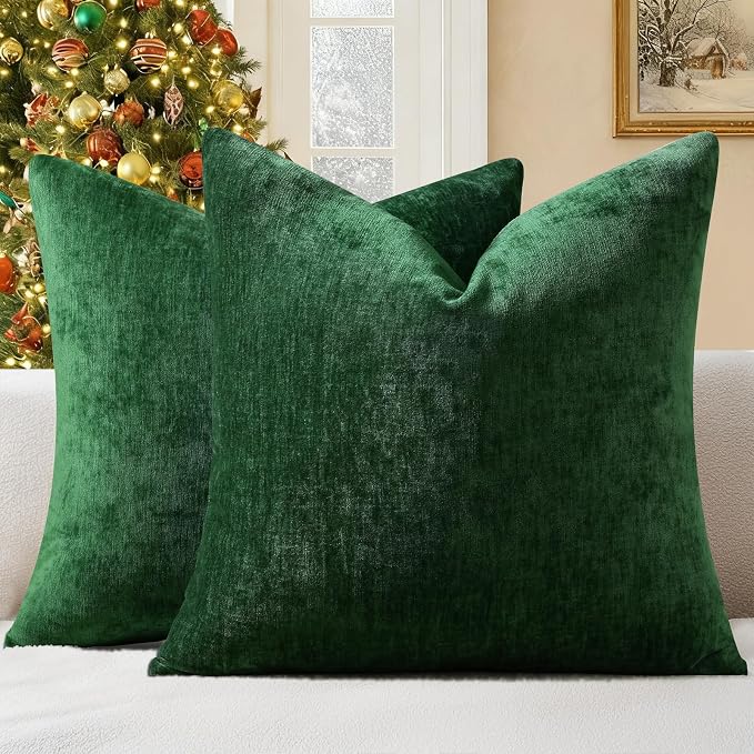 decorUhome Soft Chenille Christmas Green Throw Pillow Covers 18X18 Set of 2 | Decorative Fall Couch Pillow Covers Solid Dyed Accent Modern Farmhouse Neutral Square Pillow Cases for Sofa