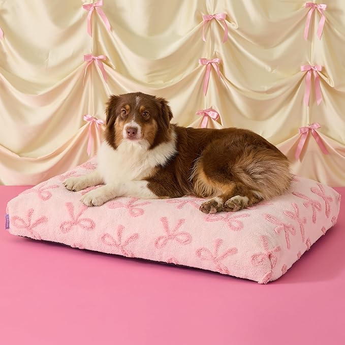 LE SURE Cute Aesthetic Dog Bed for Crate,Jacquard Thick Pet Pillow 35x22 | Shredded Chopped Foam, Jacquard Modern Plush Crate Cushion Gift Idea, Waterproof Washable Cover, Nonslip Bottom, Bow Pink