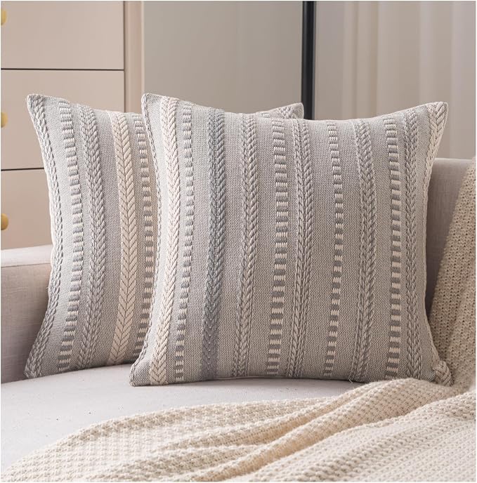 Cethom Boho Throw Pillow Covers 18x18 Inch Set of 2, Farmhouse Decorative Couch Pillow Cases, Grey Accent Pillows of Bed, Sofa Bedroom Living Room Home Decor Cushion Cover