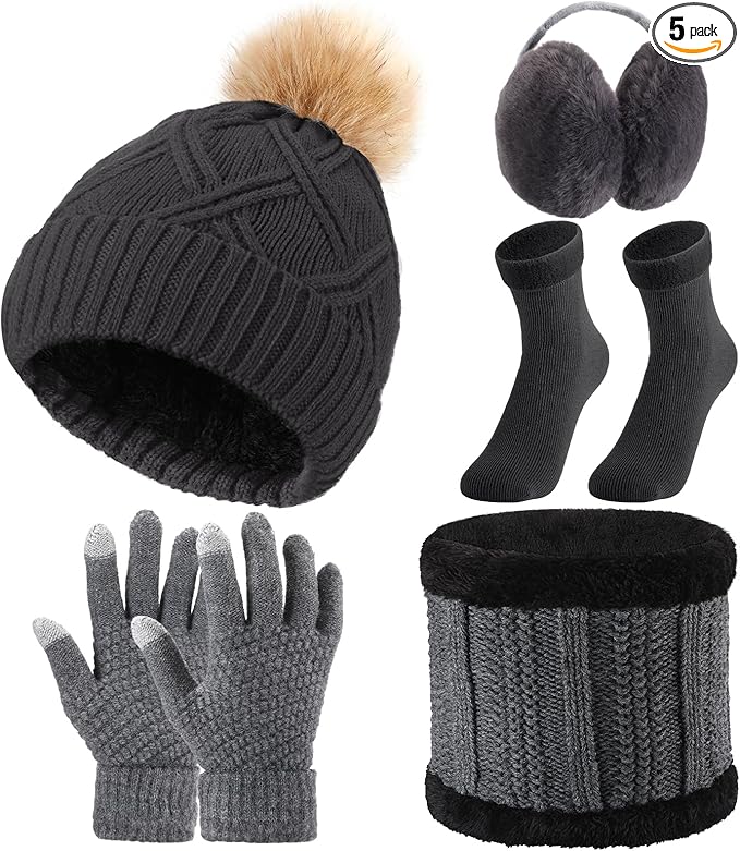 SATINIOR 5 Pcs Winter Hat Scarf Gloves Set Fleece Warm Lined Knit Beanie Hat Touch Screen Earmuff Gloves Warmer for Women(Dark Gray,Stylish Style)