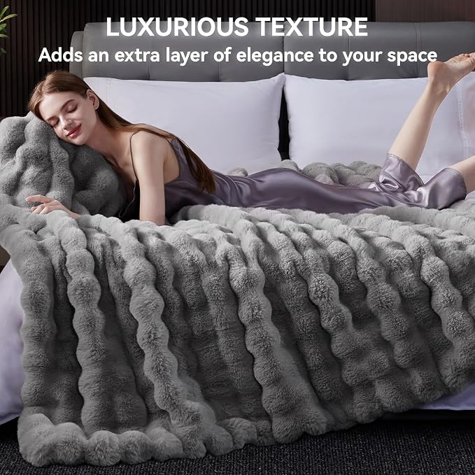 Anysay Faux Fur Throw Blanket,1000GSM Fluffy Soft Bubble Blanket 90''*104'' | Cozy Plush Warm and Thick Blanket for Couch Bed, Fuzzy Rabbit Throw for Living Room Bedroom Light Grey