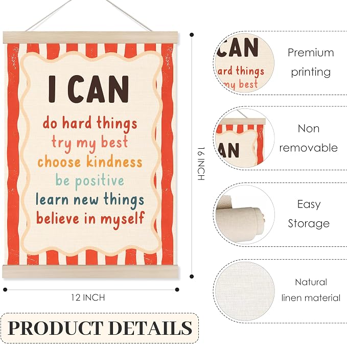 Koesus Inspirational Classroom Checkered Striped Wall Art Poster Hanger Frame 12x16 Inch Set of 3, Positive Affirmations for Kids, Motivational Canvas Pictures Prints Framed Wall Decor for Classroom Kids Room Playroom