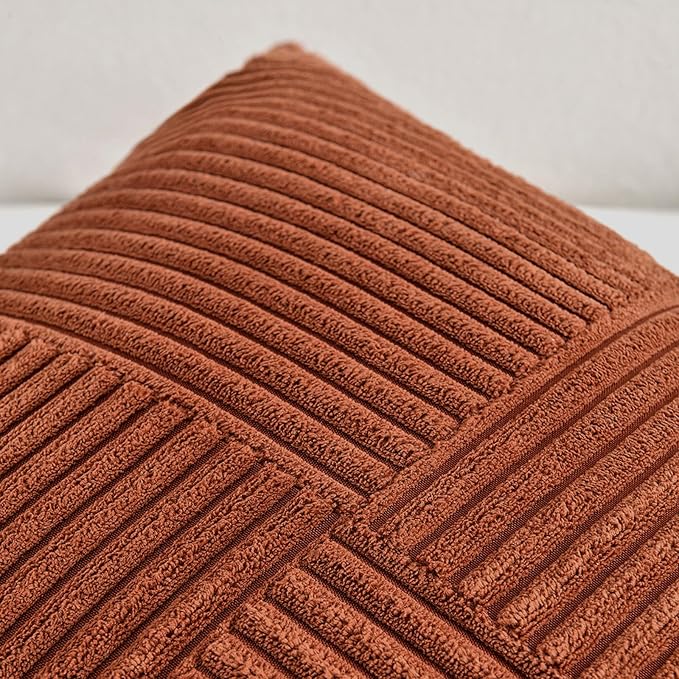Fancy Homi Rust Long Lumbar Decorative Throw Pillow Covers 14x24 Inch for Bedroom Couch Bed, Rustic Farmhouse Boho Home Decor, Soft Striped Corduroy Rectangle Accent Terracotta Cushion Case 35x60 cm