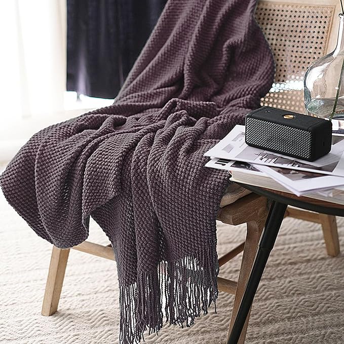 LOMAO Knitted Throw Blanket with Tassels Bubble Textured Soft Blanket Lightweight Throws for Couch Cover Home Decor (Grey Purple, 50x60)