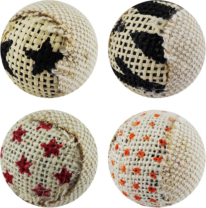 TTcat Canvas Burlap Cat Toy Balls, 4 Pack Natural Woven Linen Cat Play Balls, Durable Textured Kitten Chew Chase Toys, Lightweight Interactive Cat Ball Toys for Indoor Kittens & Cats.