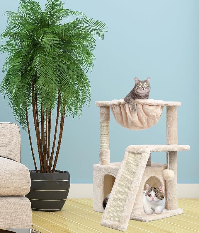 SYANDLVY Cat Tree for Indoor Cats Large Adults, Modern Activity Tower with Scratching Posts & Board, Condo with Plush Perch, Climbing Stand with Cradle & Hanging Ball for Play, Beige