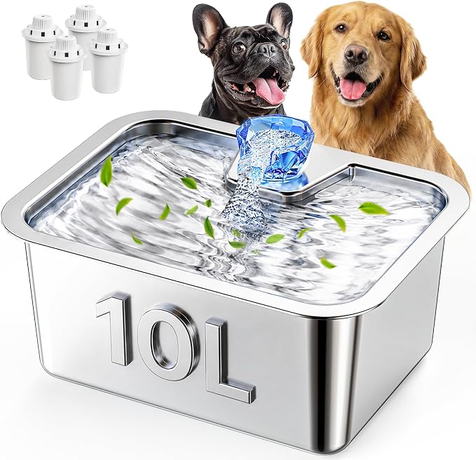 10L Large Dog Water Fountain, Stainless Steel Pet Water Fountain for Large Dogs, Automatic Big Dog Water Bowl Dispenser with 4 Filters, Easy to Clean, Quiet Pump