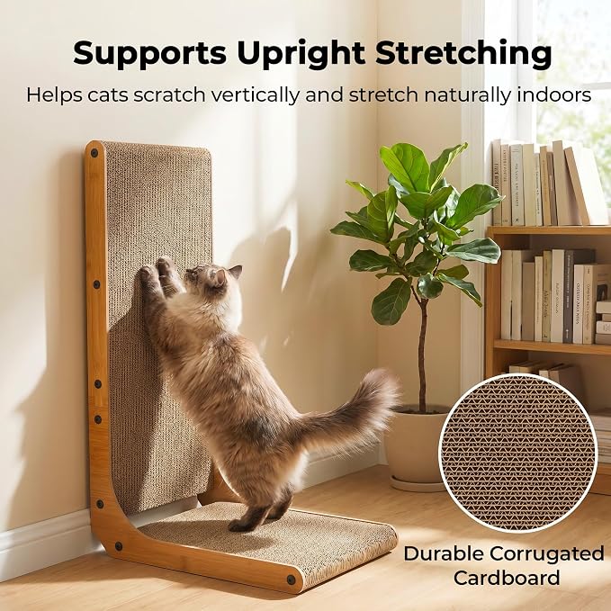 PatiencET L Shape Cat Scratcher, 26 Inch Cardboard Scratch Pad | For Indoor Cats, Large Vertical Scratch Board, Furniture Protector
