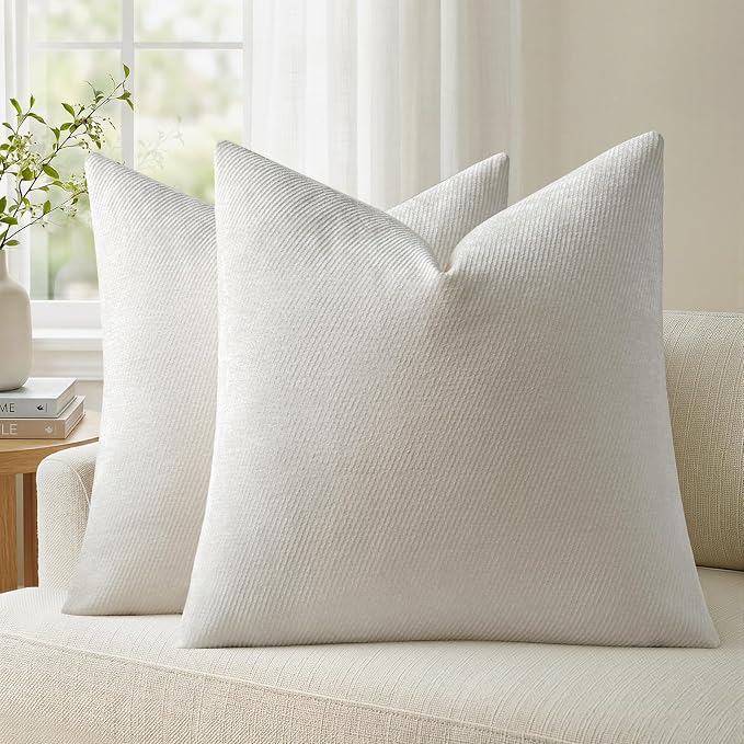 a moment Pack of 2 Decorative Chenille Throw Pillow Covers with Twill Cushion Covers for Sofa Living Room Couch Bed 18x18 Inch Raw White