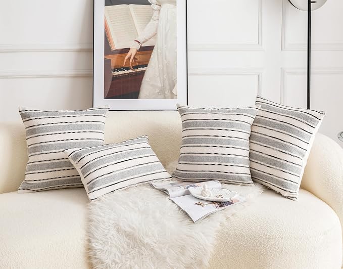 Cethom Decorative Boho Throw Pillow Covers, Farmhouse Textured Pillow Case, 22 x 22 Inch Set of 2, Chair Sofa Bedroom Living Room Home Decor Couch Cushion Case, Black and Beige Striped