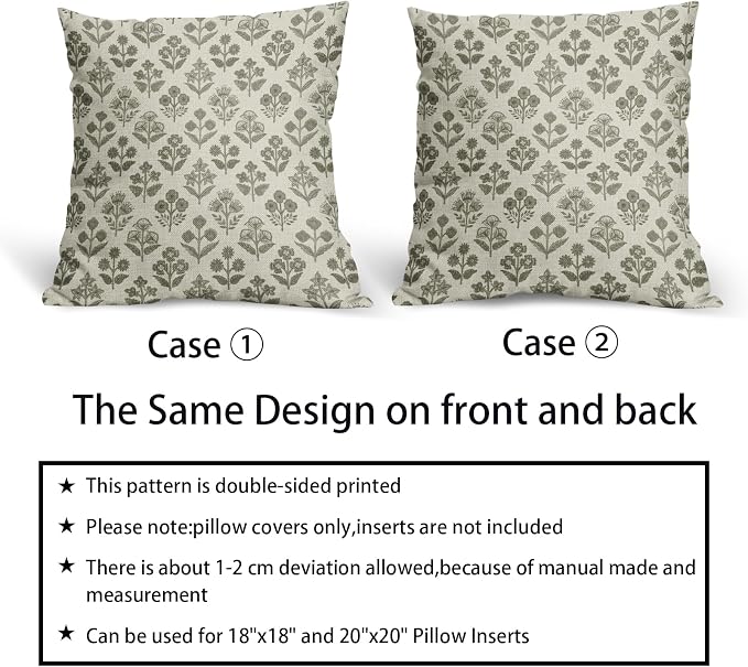 Olive Green Floral Pillow Covers 16x16 Inch Set of 2, Vintage Flower Block Print Pattern Decorative Throw Pillowcases Outdoor Farmhouse Cushion Covers Spring Summer Rustic Sofa Couch Bed Decor