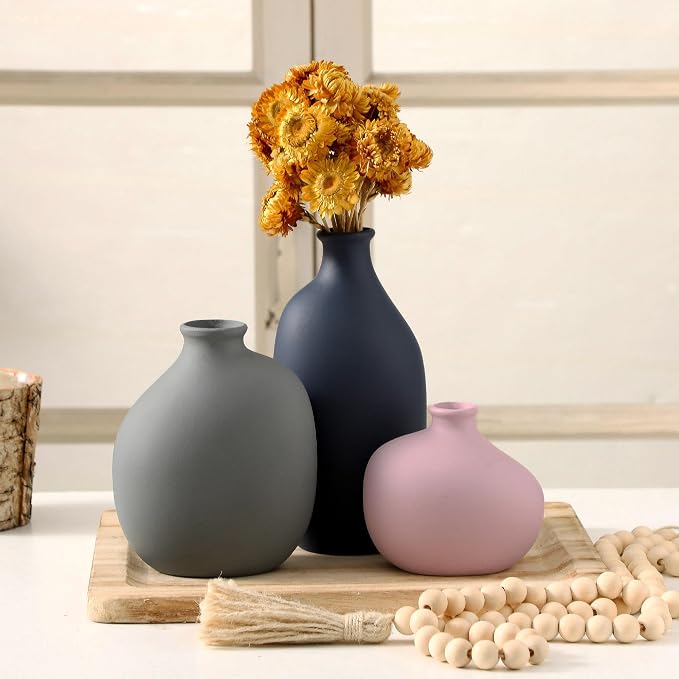Small Ceramic Vase Set of 3, Modern Decorative Pottery Vases | Three different shapes with matte finishes, perfect for shelves, tabletops, dried flowers and stylish room accents.