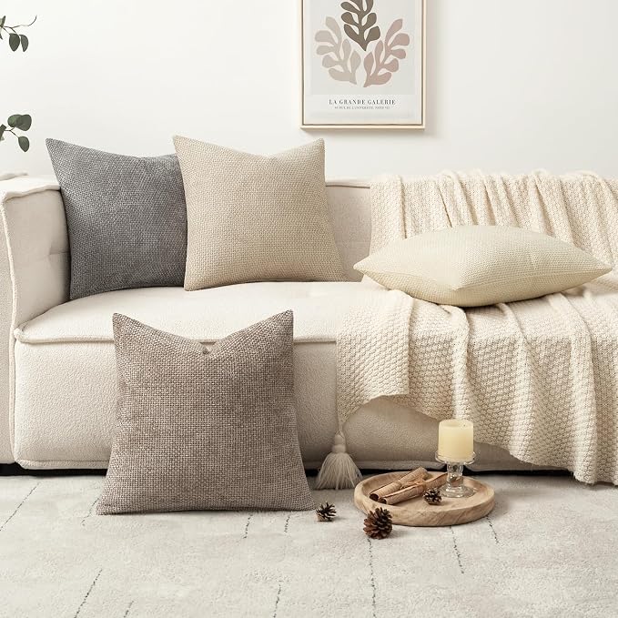 MIULEE Decorative Chenille Pillow Covers Neutral Beige 20x20 Pack of 4 | Modern Home Decor, Cozy Cream Collection, Couch Throw Pillows, Farmhouse Boho Cushion Covers for Sofa Bed Living Room