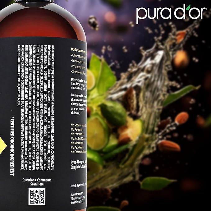 PURA D'OR 24 Oz 8-in-1 Hair & Body Cleanser For Men – Sulfate-Free, Multi-Use Wash for Hair, Face, Beard & Body, with Organic Aloe Vera, Cedarwood & Lemongrass, Energizing & Deodorizing Formula