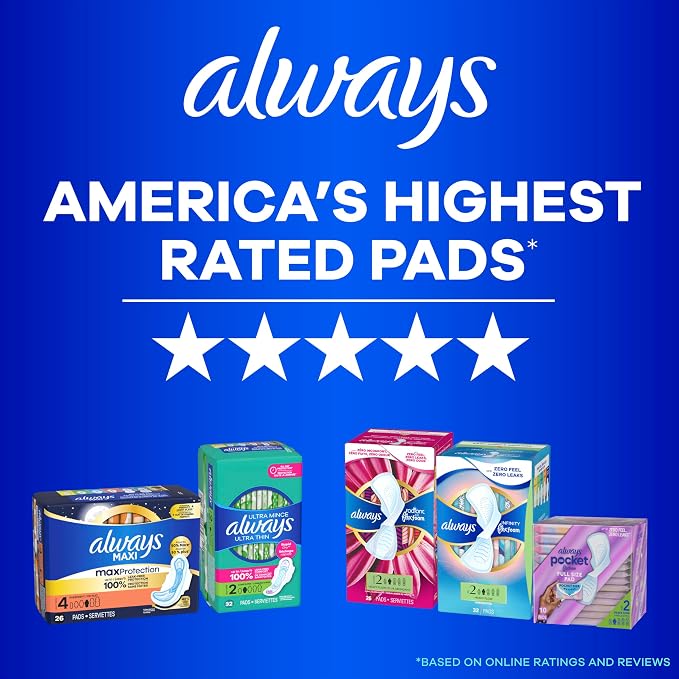 Always Ultra Thin Pads Duo Pack, Feminine Pads with Wings for Women, Size 2 Long Super and 4 Overnight Absorbency, Unscented, Up to 100% Leak-Free Protection, 44 CT