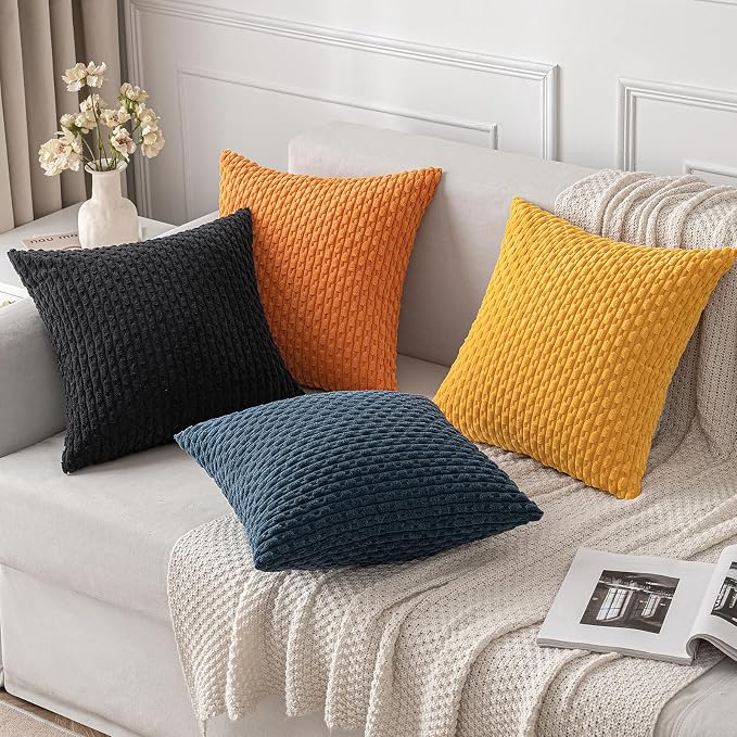 MIULEE Decorative Throw Pillow Covers 18x18 Golden Yellow Textured Corduroy | Pack of 2 Striped Pillow Covers Modern Farmhouse Home Decor for Couch Bed Sofa Living Room