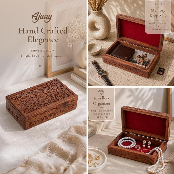 Ajuny Wooden Handcarved Decorative Jewelry Storage Box Flower Design Multipurpose Treasure Chest Keepsake Organizer Necklaces Watch Boxes Great for Gifts 10x6 Inch