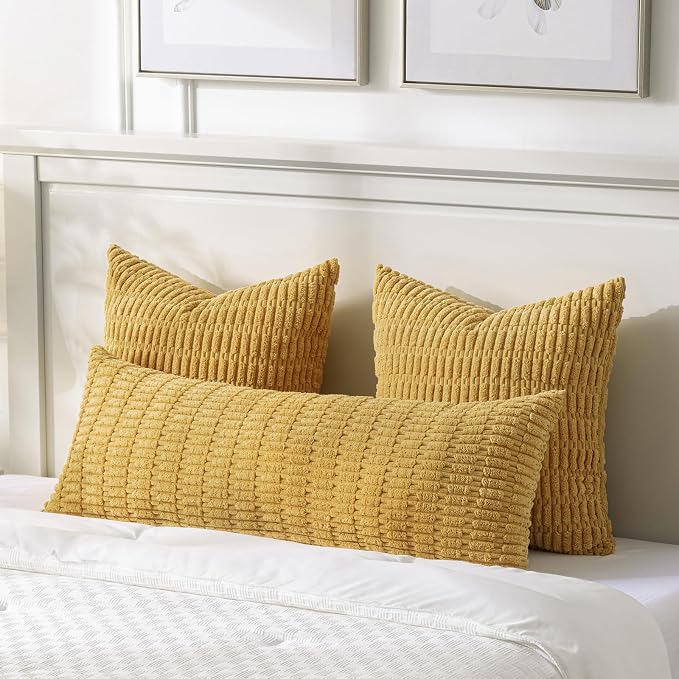 Fancy Homi Decorative Throw Pillow Covers for Bed Couch Bedroom Bench, Soft Lumbar Corduroy Solid Pillow Case, Rustic Farmhouse Boho Room Décor, 54" x 20" (Pack of 1), Mustard Yellow
