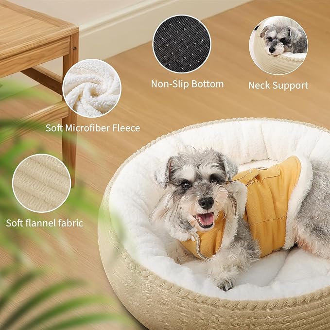 Zerbuger 23in Camel Round Dog Bed Sofa for Dogs Cats, Machine Washable | for Small/Medium/Large Dogs Cats, Foam Pet Couch with Removable Mat Non-Slip Bottom, Pet Cuddler for Indoor/Outdoor/Car/Cage