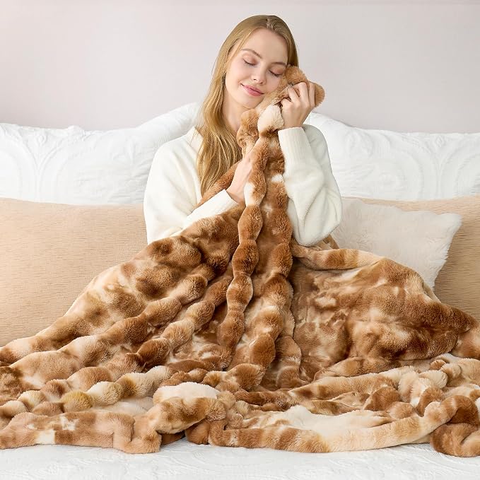 Cozy Bliss Deluxe Striped Rabbit Faux Fur Throw Blanket, Soft Fluffy Warm Plush Blanket for Winter, Modern Homr Decor, Tie-dye Brown 60"x80"