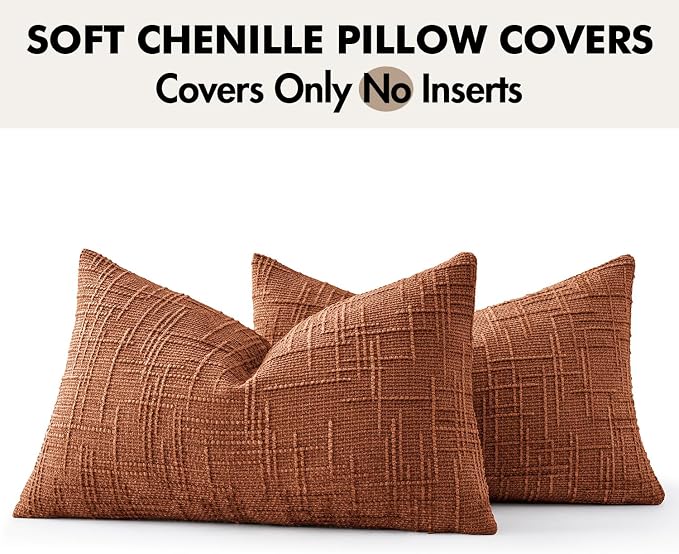 MIULEE Chenille Textured Fall Lumbar Pillow Covers Burnt Orange 12x20 | Set of 2, Slubby Decorative Throw Pillows, Boho Farmhouse Decor, Modern Cushion Covers for Couch Sofa Bed Living Room