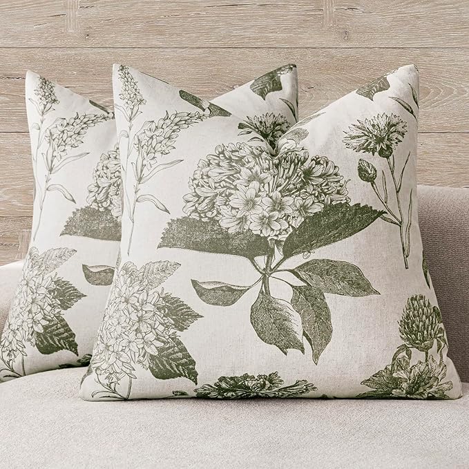 Foindtower Set of 2 Linen Floral Throw Pillow Covers Neutral Vintage Print Decorative Cushion Covers Farmhouse Boho Home Decor for Sofa Chair Couch Bedroom Living Room,22×22 Inch,Sage Green