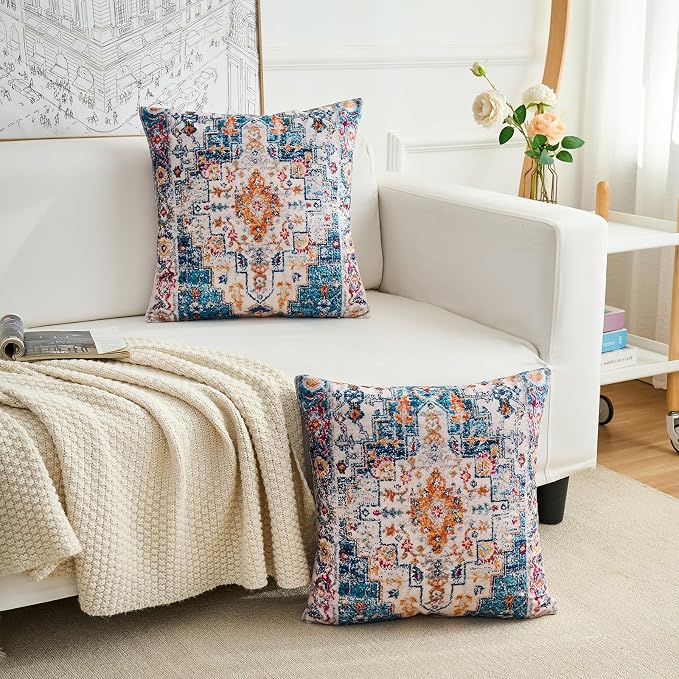 Boho Throw Pillow Covers 16x16 inch Set of 2,Boho Vintage Carpet Pattern Antique Ethnic Decor Double Sided Pattern Cushion Cover Soft Pillow Case Living Sofa Room Bed Square Pillow Cover