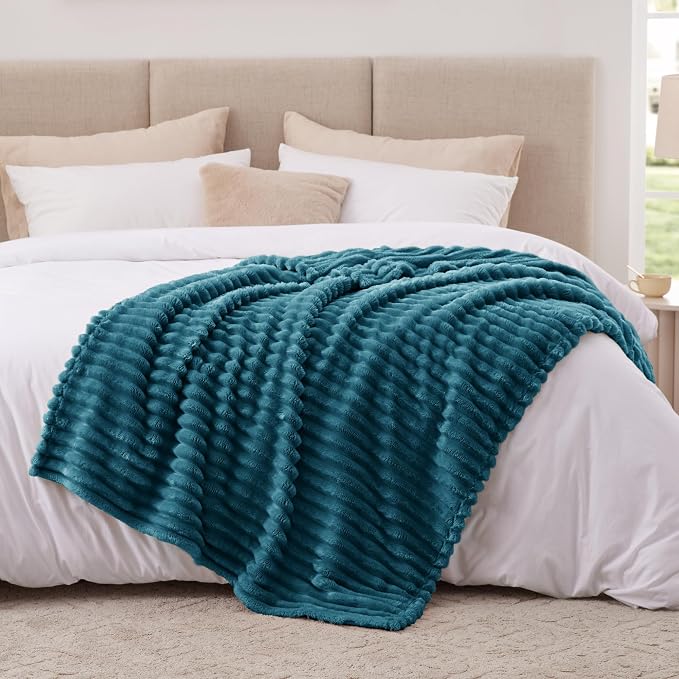 EXQ Home Fleece Blanket Twin Size for Couch or Bed - 3D Stripe Jacquard Decorative Blankets - Cozy Soft Lightweight Fuzzy Flannel Blanket Suitable for All Seasons(60"×80",Teal)
