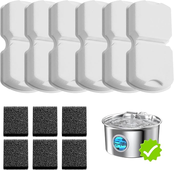 Cat Water Fountain Filter Replacement: 6 PCS Carbon & Sponges | Compatible with UMOCUOY/GIOTOHUN/HOOISE/ATMZIQXR/IHOUONE 74oz/88oz/108oz Stainless Steel Cat Fountains