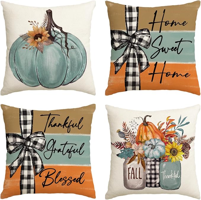 AVOIN colorlife Fall Pumpkin Home Sweet Home Throw Pillow Covers, 16 x 16 Inch Autumn Thankful Grateful Blessed Harvest Floral Decorations for Sofa Couch Set of 4, Blue