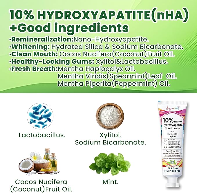 Anymoment 10% Nano Hydroxyapatite Toothpaste (Fluoride Free), Whitening*, Supports Enamel Care*, Appropriate for Sensitive Teeth*, SLS Free, Xylitol nHA Toothpaste for Adults, Mint 4oz (Pack of 3)