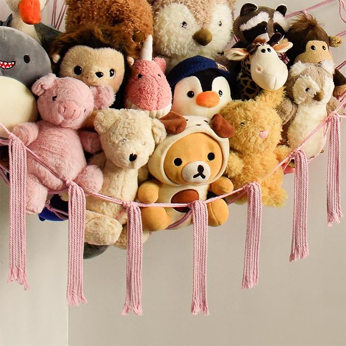 mirolam Stuffed Animal Storage Hammock Net - Toy Hammock Net for Stuffed Animals Corner - Hanging Stuff Animal Organizer Holder Large Pink Baby Nursery Room Decor