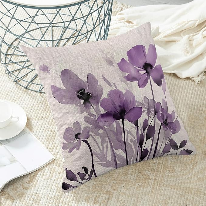 Spring Floral Pillow Covers 18x18 Inches Set of 2,Purple Floral Throw Pillow Covers Outdoor Summer Flower Decoration Pillowcase Farmhouse Decorative Square Cushion Cover Decor for Home Sofa
