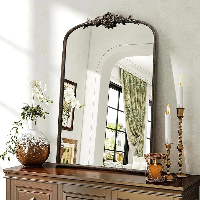 Besdomus Antique Large Wall Mirror: 24"x36" French Black Arched Decorative | Vintage Metal Framed Vanity Mirrors - Baroque Traditional Ornate for Entryway/Bathroom/Bedroom - Ideal for Bath Renovations