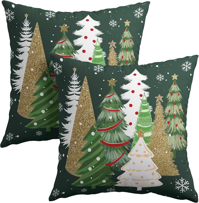 Kawani Christmas Tree Throw Pillow Covers 20x20 Inches Pack of 2 Gold Green Xmas Trees Cotton Linen Square Pillow Couch Sofa Cushion Case with Hidden Zipper for Winter Holiday Home Decor