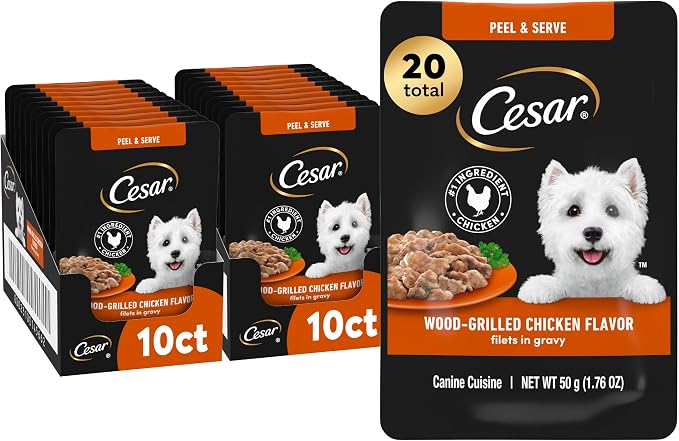 Cesar Filets Mini-Pouch Wet Dog Food, Grilled Chicken, 1.76 oz, 20 Count | Real chicken #1 ingredient, protein-packed, no fillers or artificial flavors, easy peel-and-serve, slow-cooked tender texture