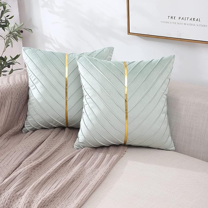 Velvet Throw Pillow Covers 20x20 Pack of 2 Gold Decor Mint Green | Soft Solid Pillow Covers,Modern Luxury Home Decor,for Couch Chair Sofa Bedroom Livingroom,Hidden Zipper,Ideal Gift,Easy Care