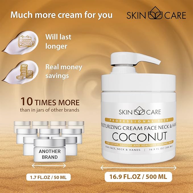 Skin Care Coconut Oil 3-in-1 Moisturizer Face Cream, Neck and Hands - Treatment for Crepey Texture, Wrinkles and Sagging - Daily Lotion for All Skin Types - 16.9 fl. oz.