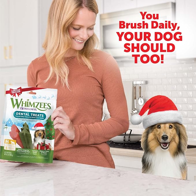 Wellness WHIMZEES Holiday Natural Dog Dental Treat, Christmas Winter Seasonal Gift, Chews, Freshens Breath, Medium Size, 6.3 oz Bag, 6 Count