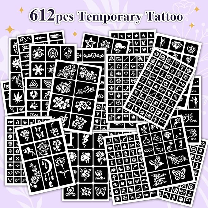 Temporary Tattoos Markers for Skin, 36 Body Markers+612 Large Tattoo Stencils, Temporary Tattoos for Kids and Adults, Dual-End Tattoo Pens, Bright colors, Flexible Brush Tip, Cosmetic-Grade, Skin-Safe