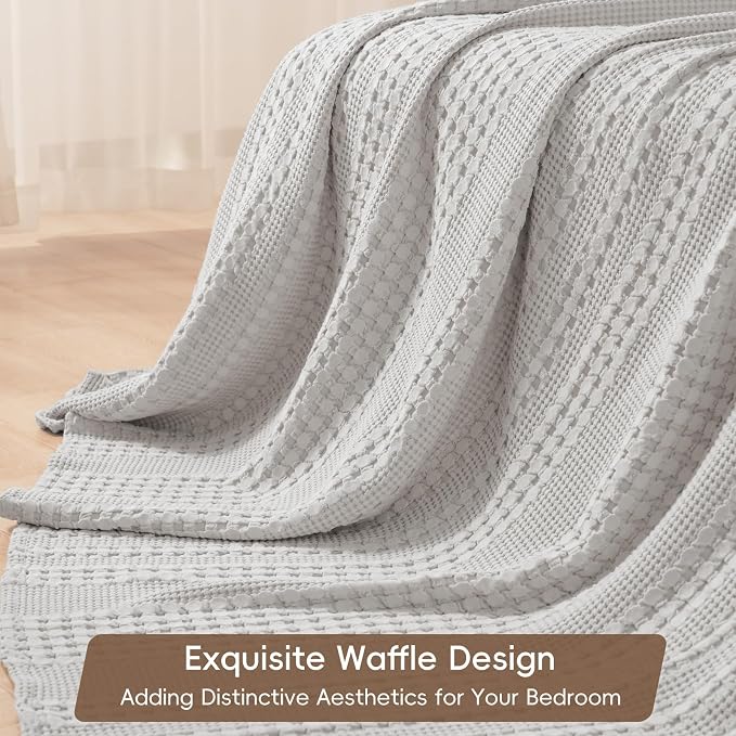 PHF 100% Cotton Waffle Blanket Twin Size, Lightweight Breathable Summer Blanket for Hot Sleepers, Pre-Washed Soft Layer for Bed, Dorm, Couch & Guest Room, Home Decor Gift, 66"x90", Light Grey