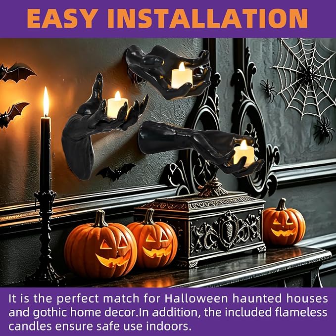 Halloween Wall Decor, Gothic Set of 3, LED Candle Hands Indoor Decoration | Halloween Wall Decorations Set of 3, Gothic Reaching Hands with LED Candles, Life-Sized Horror Props for Indoor Outdoor Party