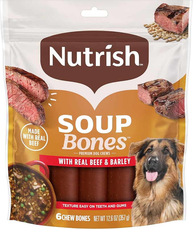 Nutrish Soup Bones Beef Dog Chews, 12.6 oz. Bag (6 Treats) (Rachael Ray) | Rawhide-Free, Contains No Artificial Flavors or By-Product Meals, Soft Texture, Easy on Gums, Resealable Bag
