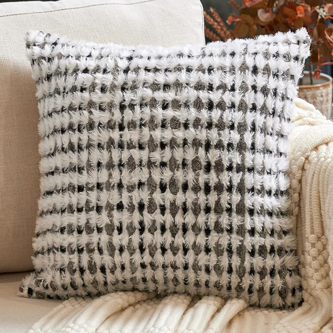 Aeckself Boho Chenille Tufted Pillow Cover 20x20 Inch, Decorative Square Throw Pillow Cover Neutral Pillowcase for Couch Bedroom Living Room, Black Gray