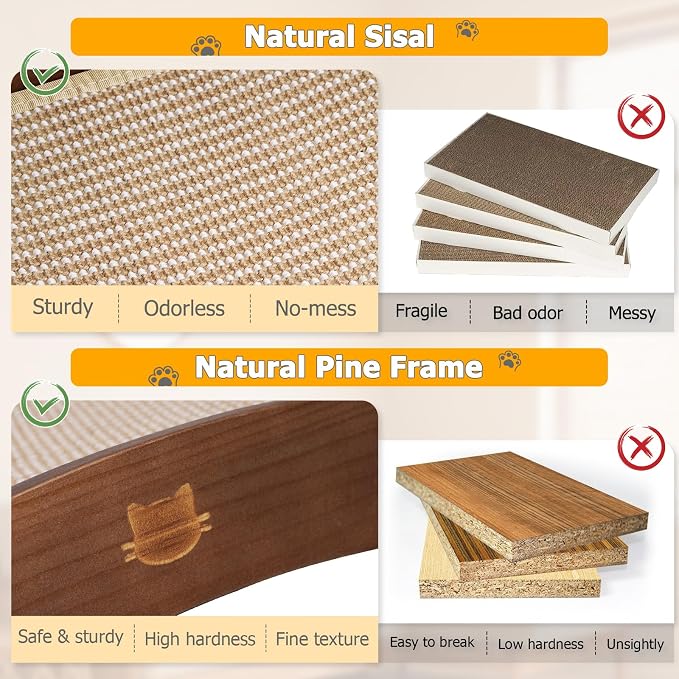 3 in 1 Sisal Cat Scratcher Bed, Solid Pine Cat Scratcher with Balls, Walnut | Extra Large Cat Scratching Post with Hammock, Cat Scratcher for Scratch & Play & Rest, Cat Furniture for Indoor Cats, Kitten