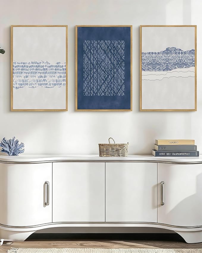 Drsoum Blue Abstract Boho Framed Wall Art Large 24x36in Minimalist Mid-Century Modern Wall Decor Geometric Artwork Kitchen Dining Room Black Framed