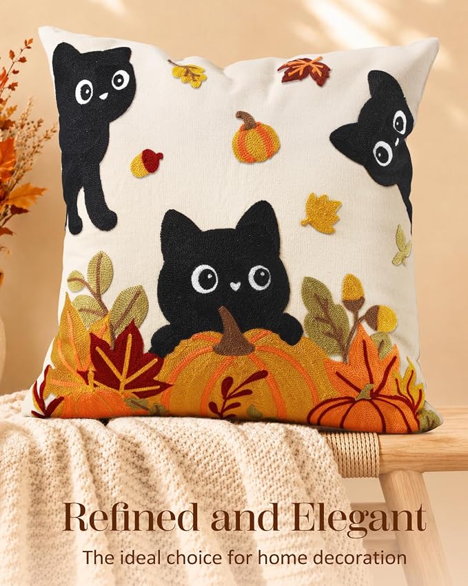Fall Embroidered Throw Pillow Cover 18x18 Inch, Cat Pumpkin | Decorative Pillow Cover, Fall Cushion Cases with Hidden Zipper, Autumn Halloween Decor for Couch, Sofa, Living Room