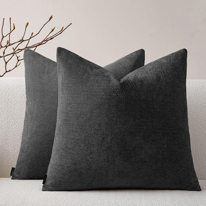 a moment Pack of 2 Decorative Chenille Throw Pillow Covers with Twill Cushion Covers for Sofa Living Room Couch Bed 26x26 Inch, Black